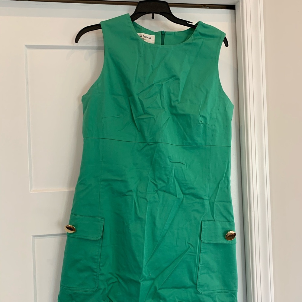 Teal sheath dress with gold buttons